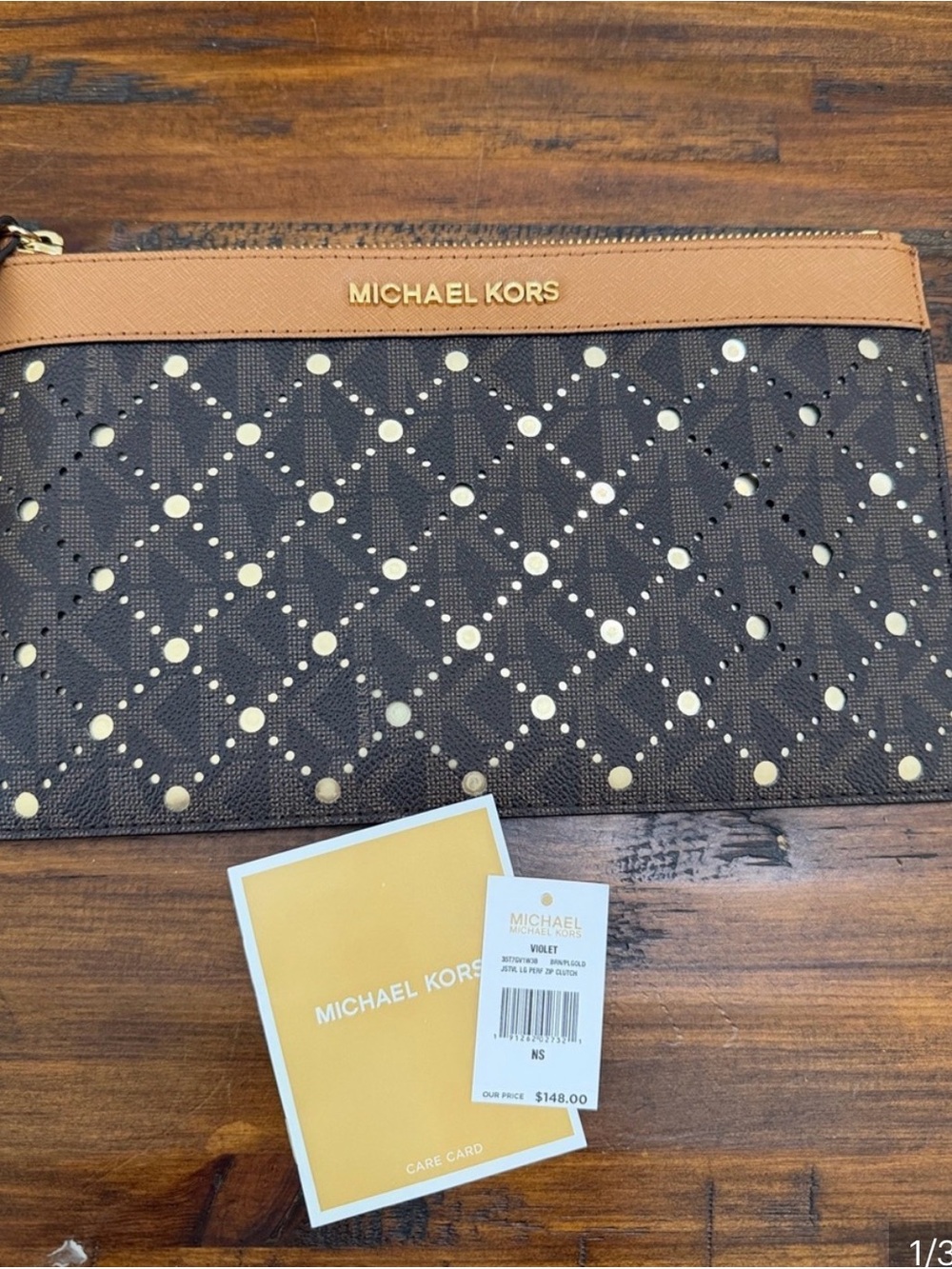 MICHAEL KORS Brown and Tan Perforated Logo Zip Pouch with Gold Hardware